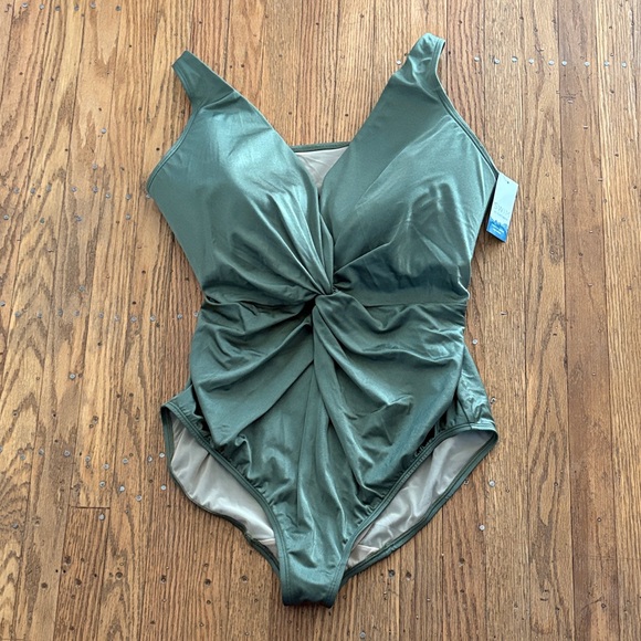 NWT Cacique Swimsuit Lightly Lined No Wire Olive Green Twist Knot One Piece 22 - Picture 2 of 10